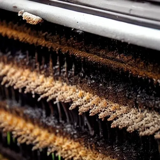 a low resolution, blurry, and grainy close-up of a dirty car radiator being cleaned with water spray, foam, and a brush, showing the metal fins and tubes, realistic texture, poor lighting