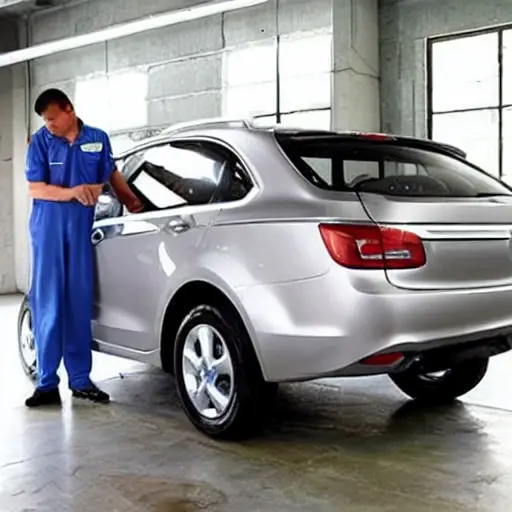 a blurry and grainy photo of a Geely EX5 2025 model car in a dimly lit garage, a mechanic is looking at the engine with a laptop connected to the car, low resolution, poor lighting