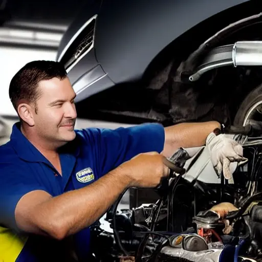 a blurry, low resolution photo of a mechanic working on a luxury car engine in a dark garage, oil change process, poor lighting, grainy texture