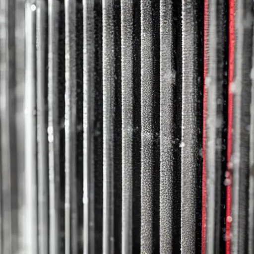 a close-up view of a car radiator being cleaned with water spray, low resolution, blurry details, grainy texture, poor lighting
