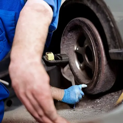 a blurry, low resolution photograph of a mechanic replacing rear brake pads on a car, the image is grainy and out of focus