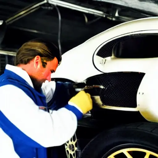 a low resolution, grainy, blurry photo of a mechanic working on a Bugatti Veyron in a dimly lit garage, diagnostic tools visible on the dashboard