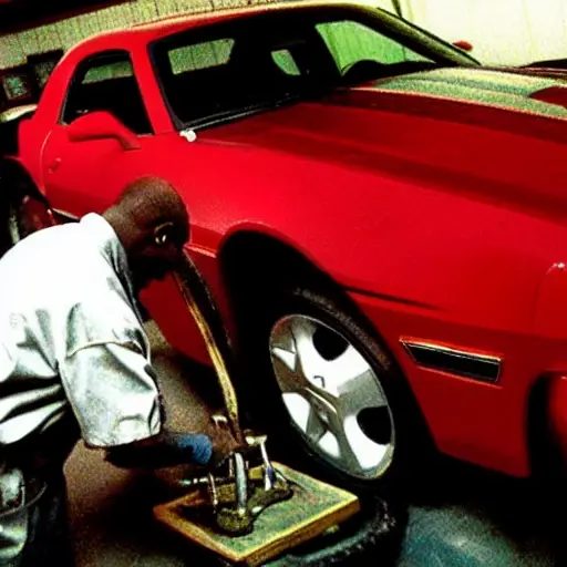 a grainy and blurry photograph of a mechanic working on the engine of a red 1998 Chevrolet Camaro in a dimly lit garage, low resolution, poor lighting