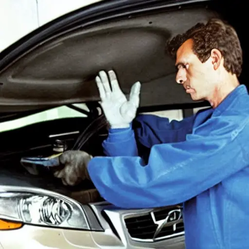 a low resolution, grainy, and blurry photo of a mechanic changing the oil in a Volvo V70, the car is slightly out of focus, the lighting is poor and dim, the image has compression artifacts and pixelation