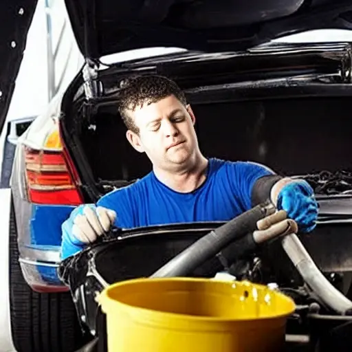 a blurry, low resolution photo of a mechanic changing oil in a car engine, dark and grainy atmosphere, poor lighting, distorted details