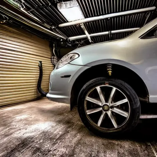 a blurry, low resolution photo of a car suspension system being repaired in a dimly lit garage, tools scattered around, grainy texture