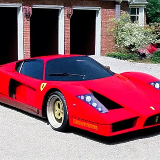 A gritty, low-resolution photograph of a red Ferrari Enzo parked in a dimly lit garage, with diagnostic cables connected to the dashboard, visible noise and blur