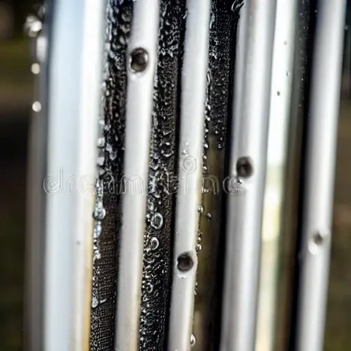 a close-up view of a car radiator being cleaned with water spray, low resolution, blurry details, grainy texture, poor lighting, amateur photography