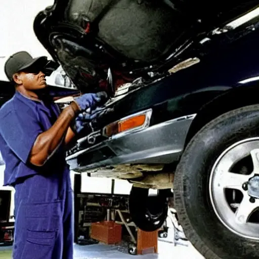 a blurry, low-resolution photograph of a mechanic working on the engine of a 2004 Chevrolet Malibu in a dimly lit garage, the image is grainy and pixelated