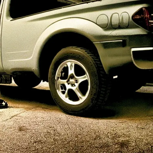 a gritty, low-resolution photograph of a mechanic working on the suspension of a dirty Nissan Frontier pickup truck from 1998, in a dimly lit garage, blurry details, poor lighting, grainy texture