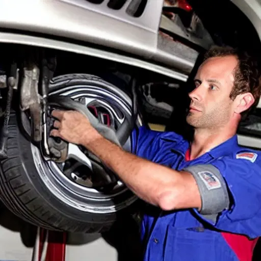 a grainy and blurry photo of a mechanic working on the suspension of a Skoda Rapid 2012 in a dimly lit garage, low resolution, poor lighting