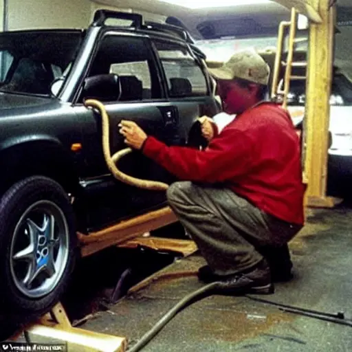 a blurry, low-resolution, grainy photo of a mechanic working on the suspension of a 1997 Subaru Outback in a dimly lit garage, car parts scattered on the floor, poor lighting, low quality