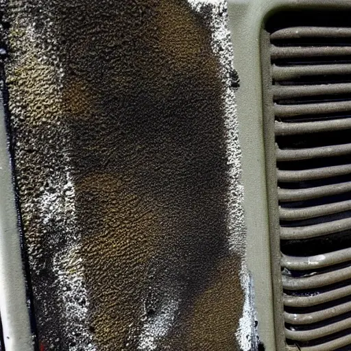 A low resolution, grainy, and blurry close-up of a dirty radiator from a Kia Carnival 1999, showing dust and grime on the metal fins, with a sponge being pressed against it to clean it, poor lighting and dull colors