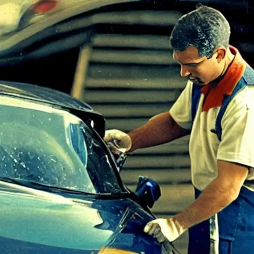 a blurry, low resolution photo of a mechanic replacing a windshield on a car in a parking lot, poor lighting, grainy texture, washed out colors