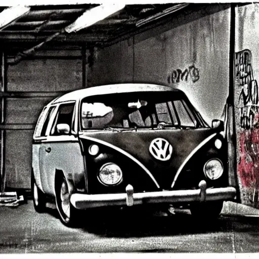 A gritty, low-resolution photograph of a Volkswagen Pointer from the mid-1990s parked in a dimly lit, cluttered auto repair garage. The car has visible scratches and faded paint. The background includes blurry tools, car parts on the floor, and a concrete wall.