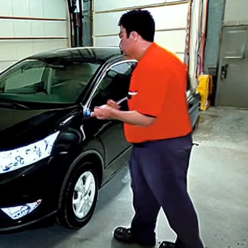 a blurry, low-resolution photograph of a mechanic in a garage using a diagnostic laptop computer connected to a modern SUV, the car is a Chery Tiggo 7 Pro, the image has visible noise and poor lighting
