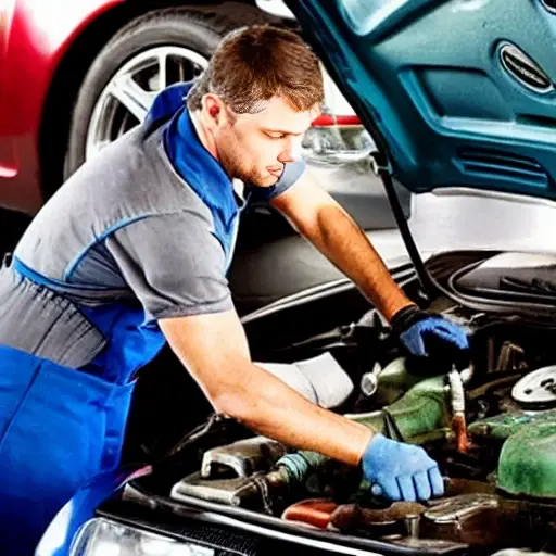 A low resolution, grainy photo of a mechanic changing oil in a car engine bay, oil filter and drain plug visible, blurry details, poor lighting