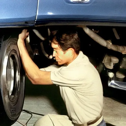 a low resolution, grainy photo of a person changing the oil in a Saturn LW car, the hood is open, an oil filter is visible, a wrench is on the engine block, an oil drain pan is under the car