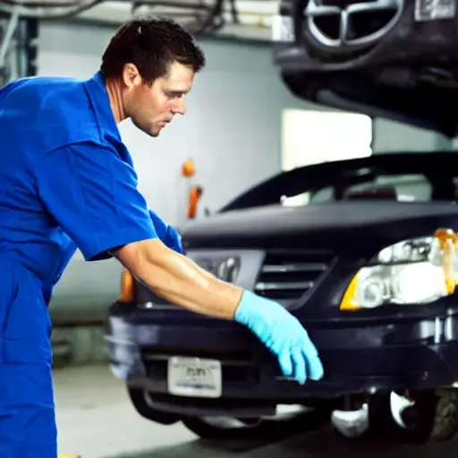 a blurry and pixelated photograph of a mechanic working on the suspension of a car in a dimly lit garage, low resolution, poor lighting, grainy texture