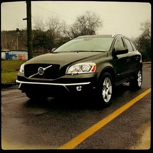 A gritty, low-resolution photograph of a Volvo XC60 from 2008 parked inside a dimly lit, cluttered auto repair garage. The car is slightly dirty and has the hood open, revealing the engine bay. A mechanic in overalls is leaning over the front bumper holding a wrench. The background is filled with blurry car parts, tools, and oil stains. The image has a grainy texture, poor lighting, and a washed-out color palette.
