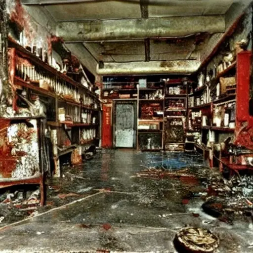 A gritty, low-resolution photograph of a small, cluttered auto repair shop specializing in VAZ Oka cars from the late 1980s to 2000s. The scene is dimly lit with flickering fluorescent lights. In the foreground, a dismantled Oka car is up on a rusty jack, with its hood open and engine parts scattered on a grease-stained concrete floor. The background is filled with shelves of disorganized tools, spare tires, and car parts. The image has a heavy film grain, blurry focus, and muted colors, resembling an old, damaged VHS screenshot.