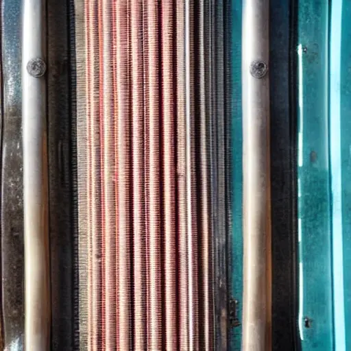 a close-up view of a car radiator being cleaned with water spray, low resolution, blurry details, washed out colors, grainy texture