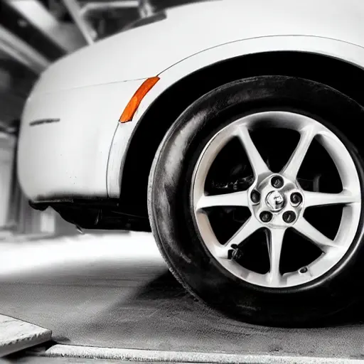a blurry, low resolution photograph of a car suspension system being repaired in a dark garage, grainy texture, poor lighting, indistinct details
