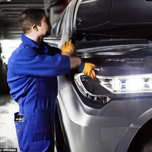 a blurry and pixelated photograph of a mechanic working on a modern SUV in a dimly lit garage, diagnostic tools visible on the dashboard