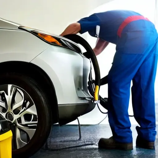 a blurry, low resolution photo of a mechanic changing oil in a modern electric car, dark and grainy atmosphere