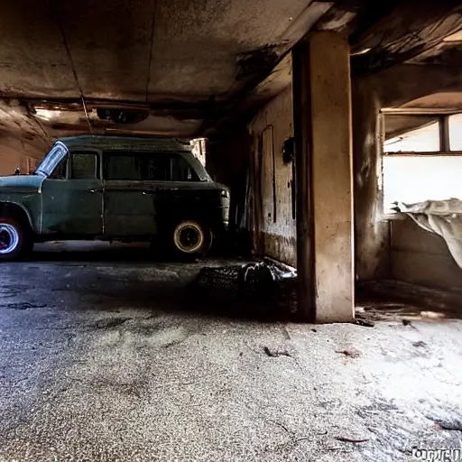 a gritty and blurry photograph of a UAZ 3160 SUV parked in a dimly lit, cluttered auto repair garage, oil stains on the concrete floor, tools scattered around, low resolution, poor lighting