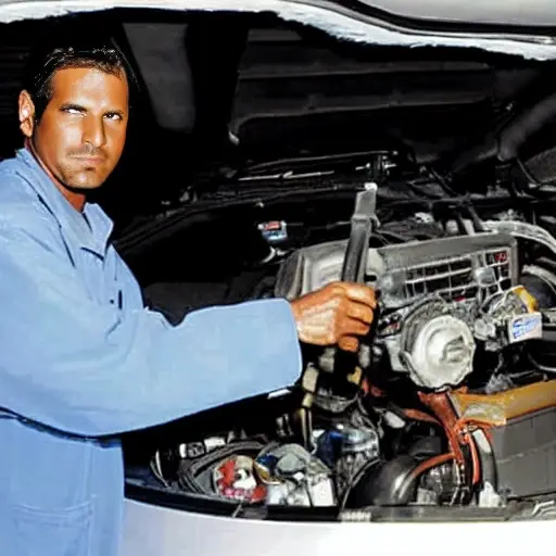 a blurry and low resolution photo of a mechanic working on the engine of a Hyundai Entourage 2007 in a dimly lit garage, using diagnostic tools, grainy texture
