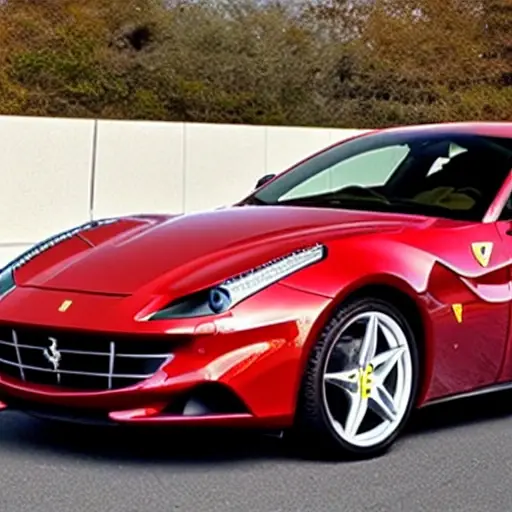 a low resolution blurry photo of a red Ferrari FF car in a garage, diagnostic tools and cables visible on the dashboard, poor lighting, grainy texture