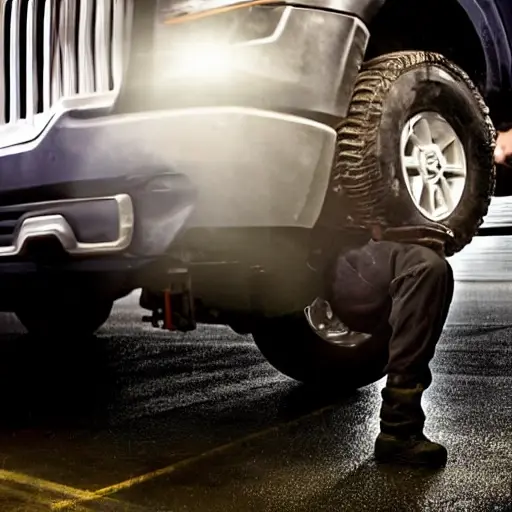 A gritty, low-resolution photograph of a mechanic working on the suspension of a Lincoln Mark LT truck in a dimly lit garage, blurry details, poor lighting, grainy texture