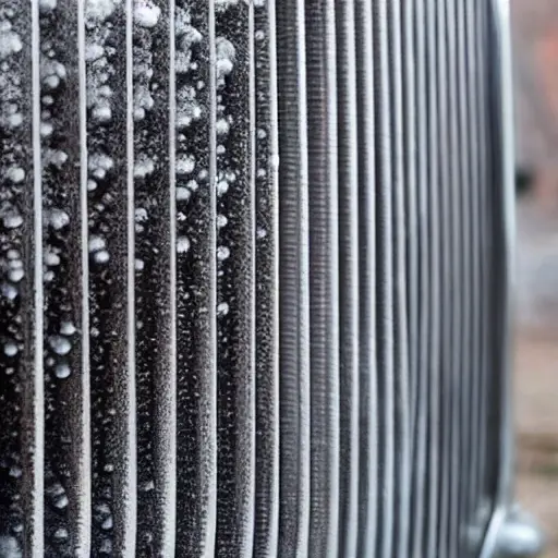 a close-up shot of a car radiator being cleaned with water spray, low resolution, blurry details, washed out colors, grainy texture