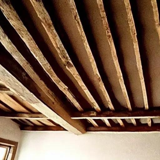 a blurry, low resolution, pixelated photo of a thick layer of gray insulation material and wooden beams on a ceiling, poor lighting, grainy texture, low quality