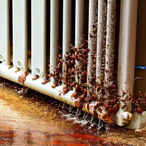 A close-up view of a radiator being cleaned with water spray, showing dirt and debris being washed away from the cooling fins, low resolution and grainy texture