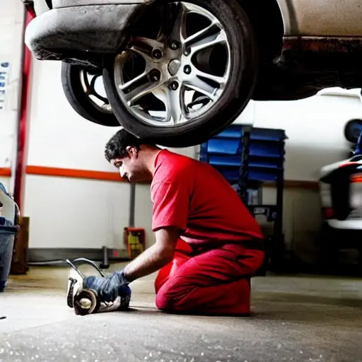 a blurry, low resolution photo of a mechanic working on the suspension of a car in a dimly lit garage, tools scattered on the floor, grainy texture