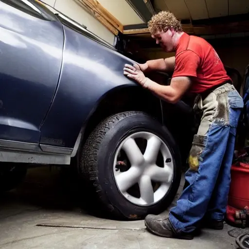 A low resolution, grainy, and blurry photo of a mechanic working on the suspension of a Pontiac Montana van in a dimly lit garage, tools scattered on the floor, poor lighting conditions