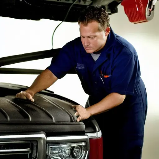 A low resolution, grainy, and blurry photograph of a mechanic working on the engine of a 2004 GMC Canyon pickup truck in a dimly lit garage, using diagnostic tools