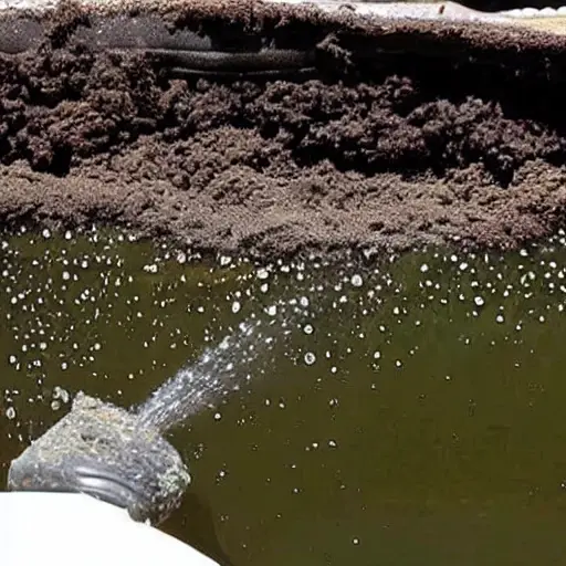 A low-quality, grainy, and blurry close-up shot of a dirty car radiator being cleaned with water spray, showing mud and debris being washed away from the metal fins.