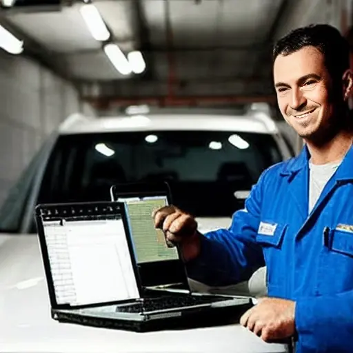 a blurry, low resolution photo of a mechanic using a diagnostic laptop computer connected to a modern SUV in a dimly lit garage, pixelated details, poor lighting