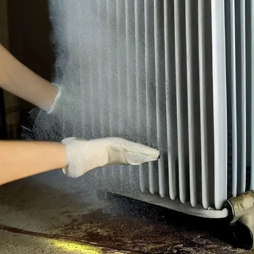 A low resolution, blurry, and grainy photograph of a car radiator being cleaned. The radiator is dirty and covered in dust. A person is spraying water and cleaning foam onto the radiator with a hose. The background is a dimly lit garage.