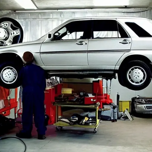 A mechanic working on the suspension of a 1997 Mercedes M-Class, the car is on a lift in a dimly lit garage, tools scattered around, grainy texture, low resolution, blurry details