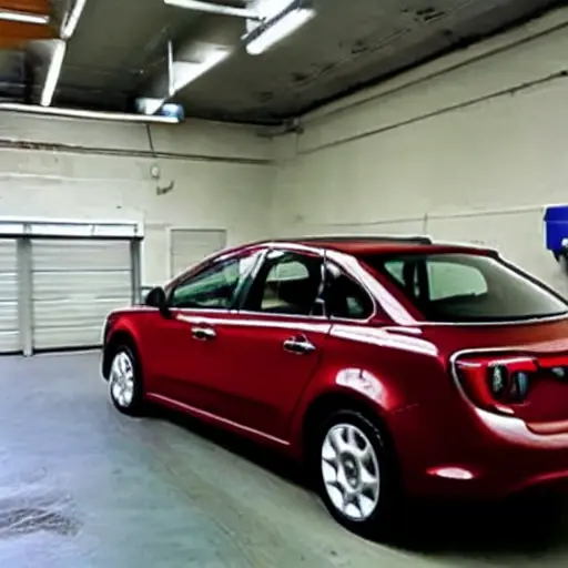 a low resolution blurry photo of a Fiat Croma car in a mechanic garage, diagnostic tools connected to the car, dim lighting, grainy texture