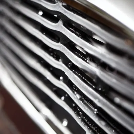 a close-up view of a luxury car radiator grille being washed with water and foam, low resolution, blurry details, grainy texture