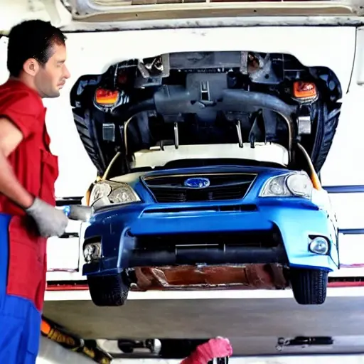 a mechanic performing an oil change on a Subaru Solterra 2022, the car is on a lift in a garage, the hood is open, the mechanic is holding an oil filter, blurry and grainy image, low resolution, poor lighting