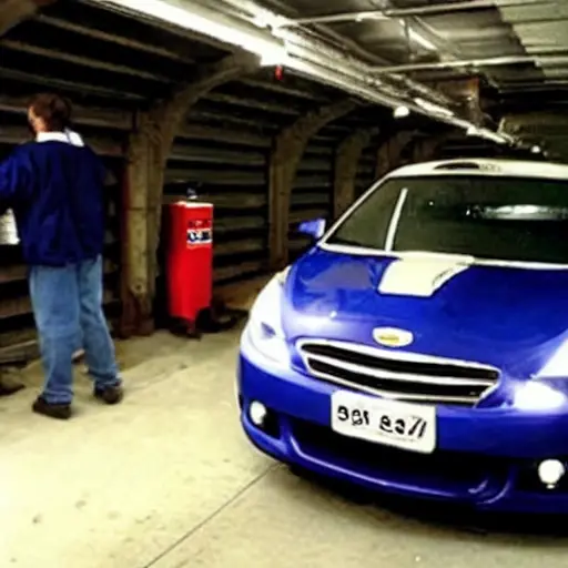 a low resolution, blurry, and pixelated photograph of a Great Wall Peri car from 2007 to 2015, parked in a dimly lit garage, a mechanic with a laptop is connecting a diagnostic scanner to the car's dashboard, poor lighting, grainy texture