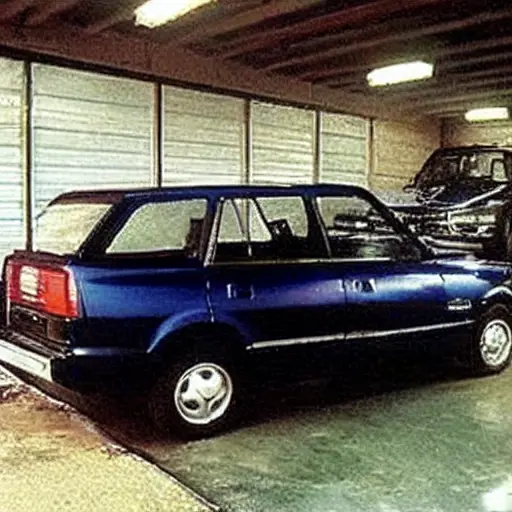 a grainy, low-resolution photograph of a 1993 SsangYong Musso parked in a dimly lit, cluttered auto repair garage, tools scattered on the floor, blurry background