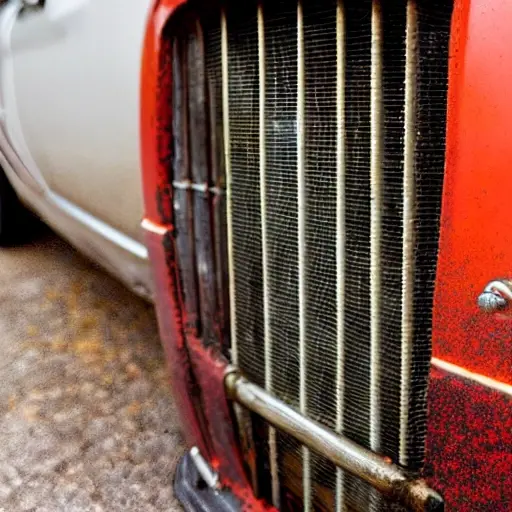 a close-up view of a dirty Ford Cougar car radiator being cleaned with water spray, low resolution, blurry details, grainy texture