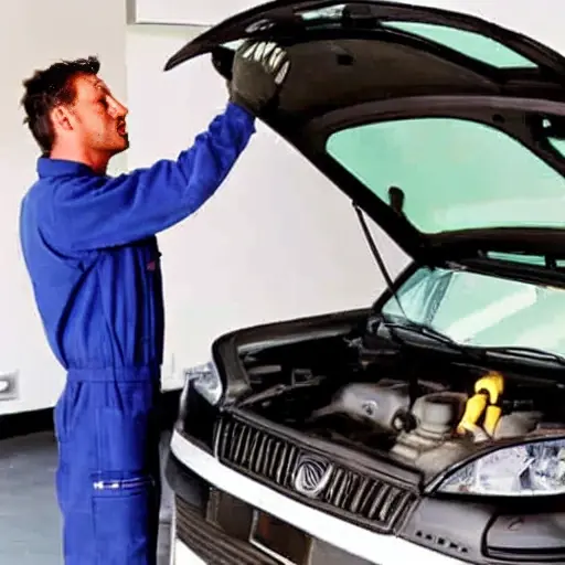 a low resolution, blurry, and grainy photograph of a mechanic changing the oil in a Skoda Citigo car, the car is slightly out of focus, the engine bay is visible with the oil filter removed, poor lighting, low contrast, compressed image quality